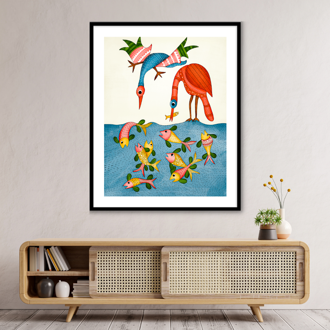 Gond Art Painting | Bird and Fish - Arts of India || Vastu Artwork