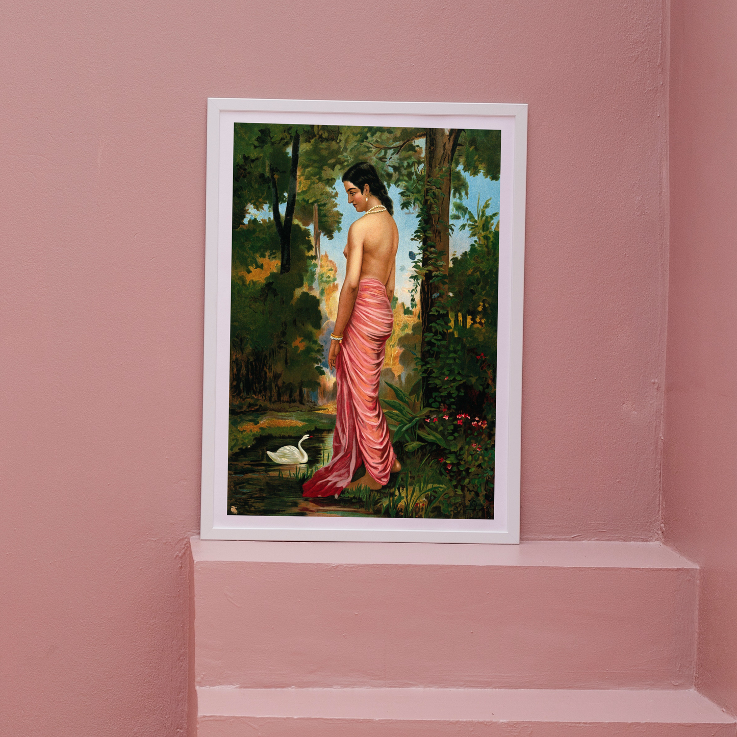 Semi-clothed woman by a river bank called Varini by Raja Ravi Varma Wall Art for Decor