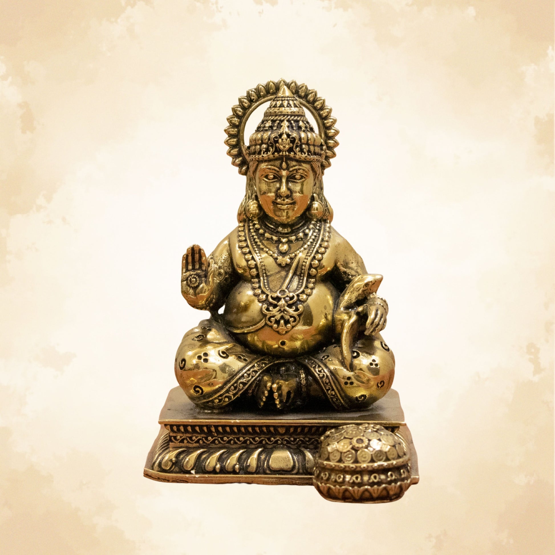 Kuber Ji brass idol representing wealth, prosperity, and abundance