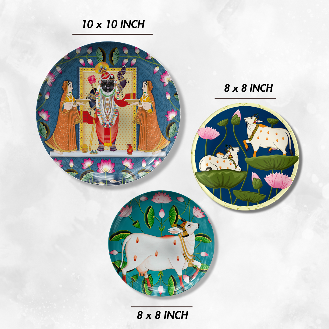 Wall Wonders – Pichwai-Inspired Shreenathji & Cow Plate Set of 3