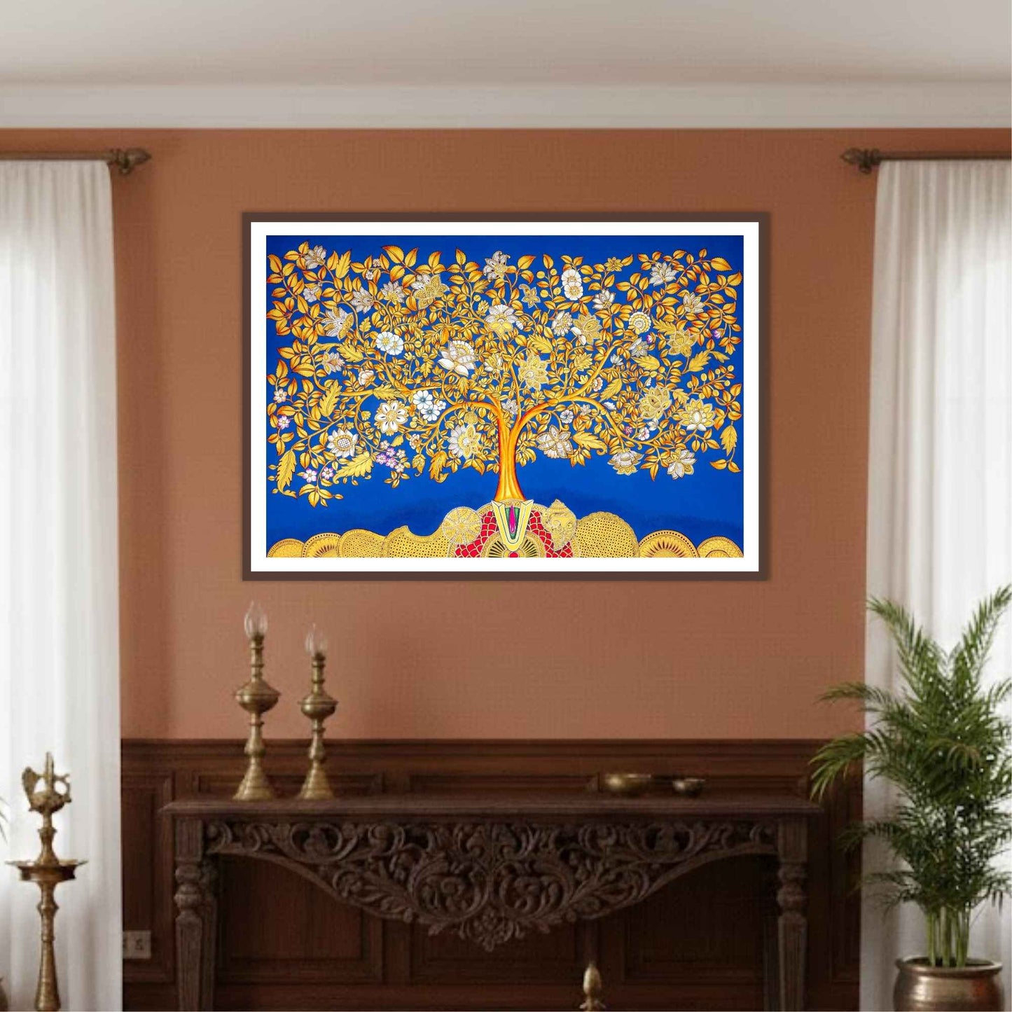 Tree of Life tirupati balaji artwork for home decor and vastu in a living room by the atrang