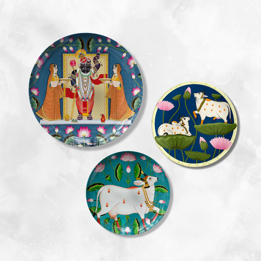 Wall Wonders – Pichwai-Inspired Shreenathji & Cow Plate Set of 3