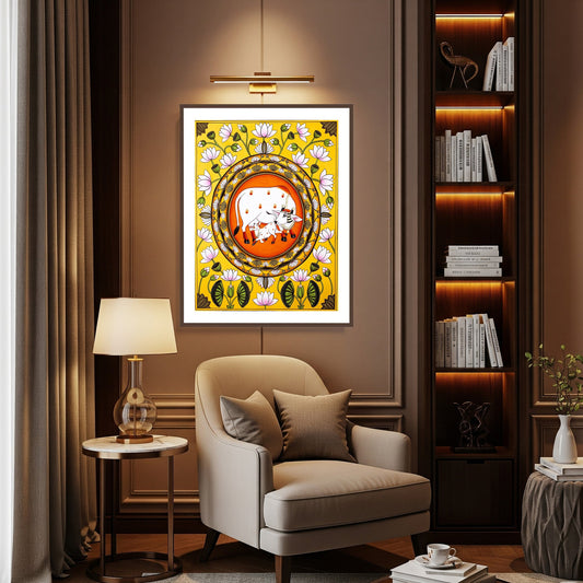 Lotus Pichwai Kamdhenu Cow with Calf | Indian Art for Home decor Wall Painting