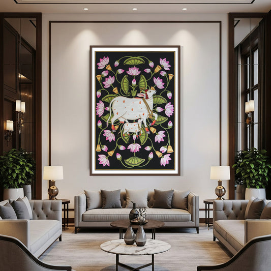 Pichwai Sacred Kamdhenu Cow with Calf Indian Art for Wall Decor