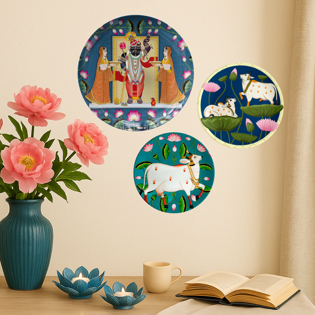 Wall Wonders – Pichwai-Inspired Shreenathji & Cow Plate Set of 3