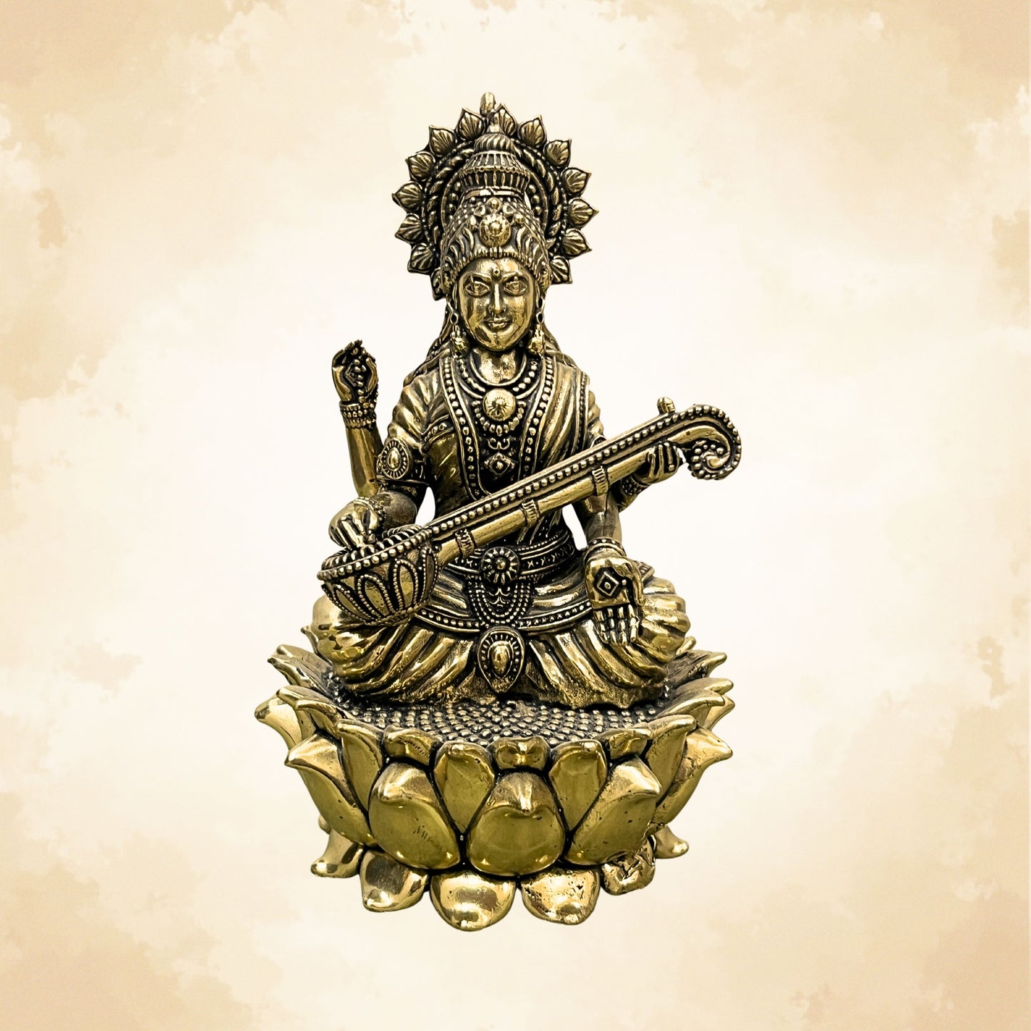 Brass Saraswati Ji on Lotus | Vastu Maa Saraswati Idol for Knowledge & Wisdom