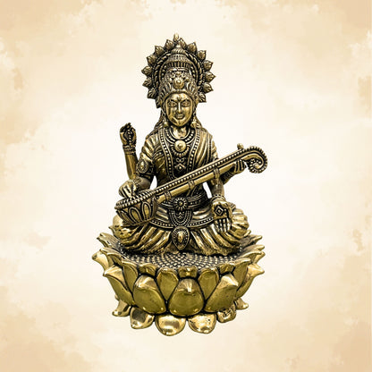 Brass Saraswati Ji on Lotus | Vastu Maa Saraswati Idol for Knowledge & Wisdom