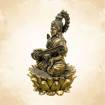 Brass Saraswati Ji on Lotus | Vastu Maa Saraswati Idol for Knowledge & Wisdom