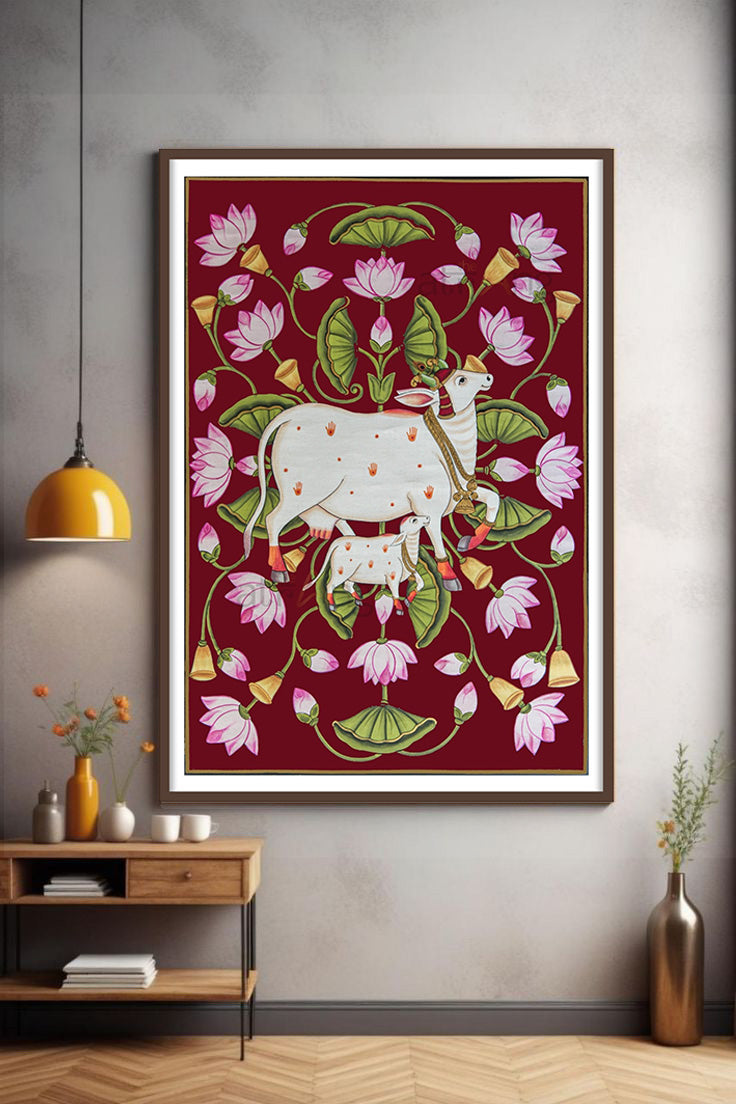 The Sacred Kamdhenu Cow with Calf Pichwai Indian Art for Wall Decor