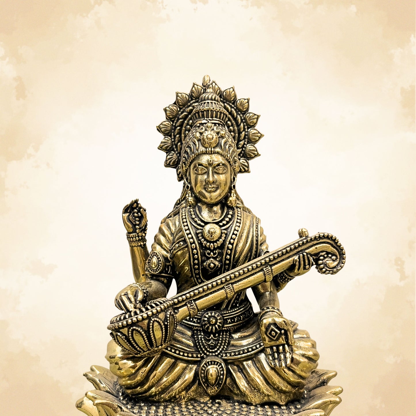 Brass Saraswati Ji on Lotus | Vastu Maa Saraswati Idol for Knowledge & Wisdom