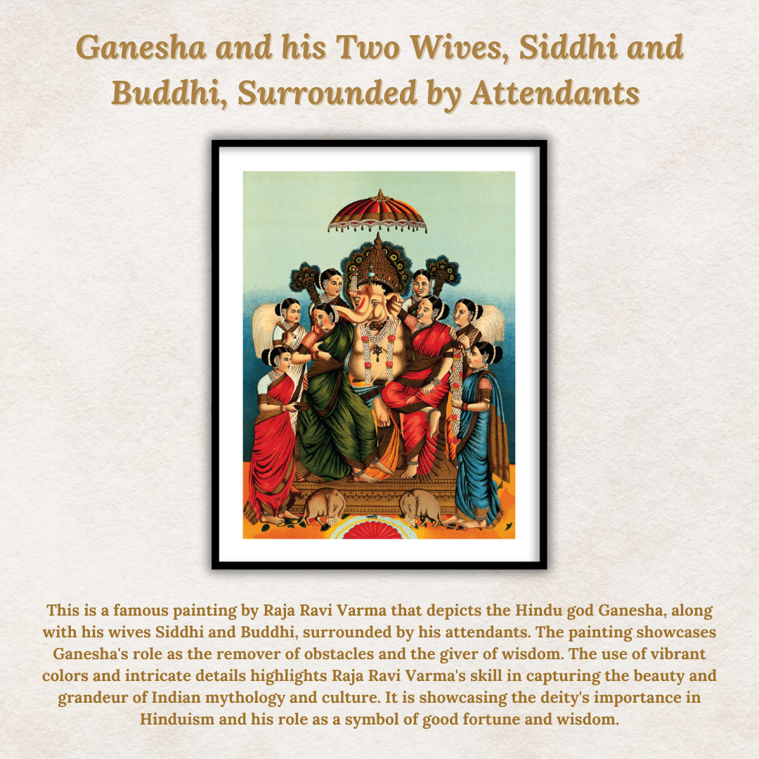 Ganesha and his Two Wives, Siddhi and Buddhi, Surrounded by Attendants Framed Wall Art