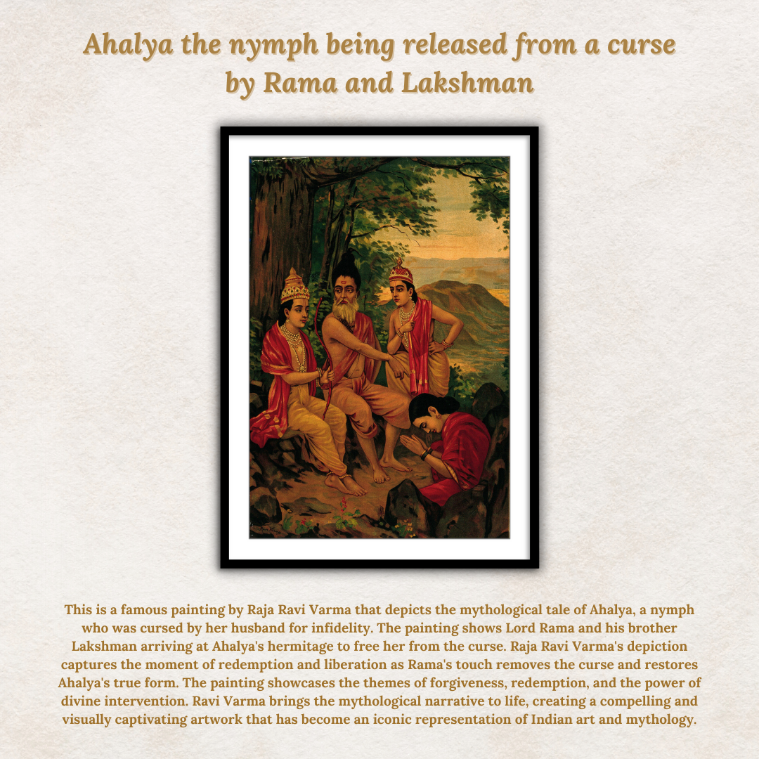 Ahalya the nymph being released from a curse by Rama and Lakshman by Raja Ravi Varma Wall Art