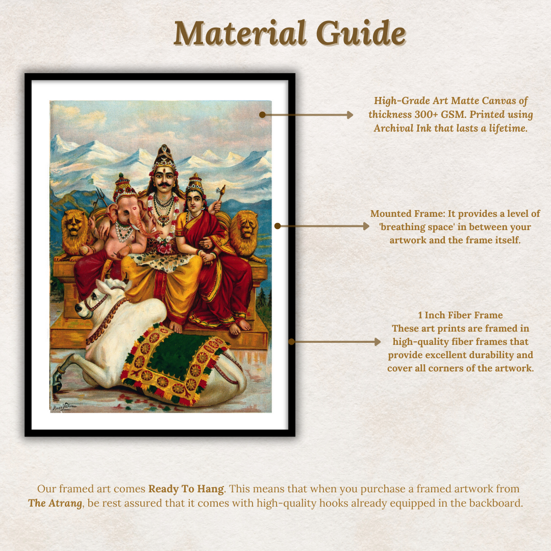 Shiva, Parvati and Ganesha enthroned on Mount Kailas by Raja Ravi Varma Wall Art Print