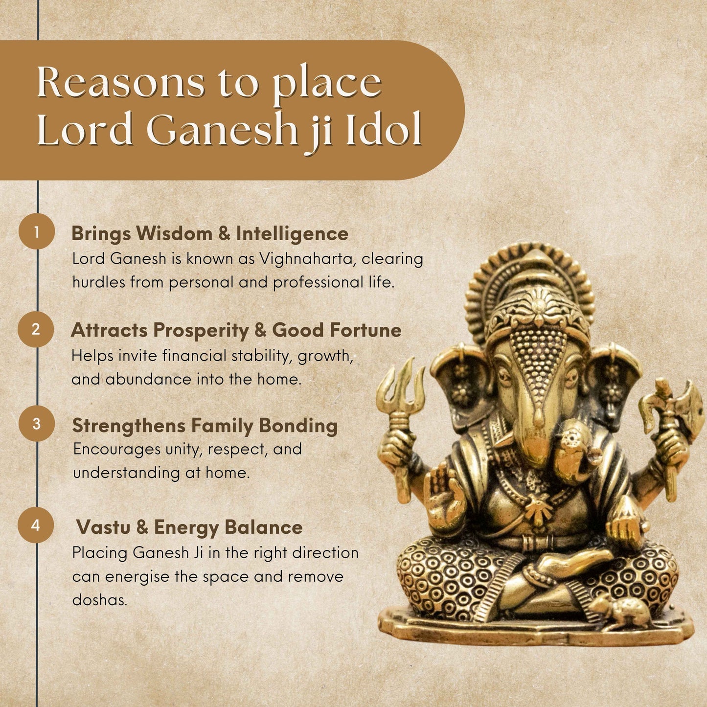 Lord Ganesha Brass Idol (Left Trunk) – Symbol of Wisdom, Prosperity & New Beginnings - 4 Inch