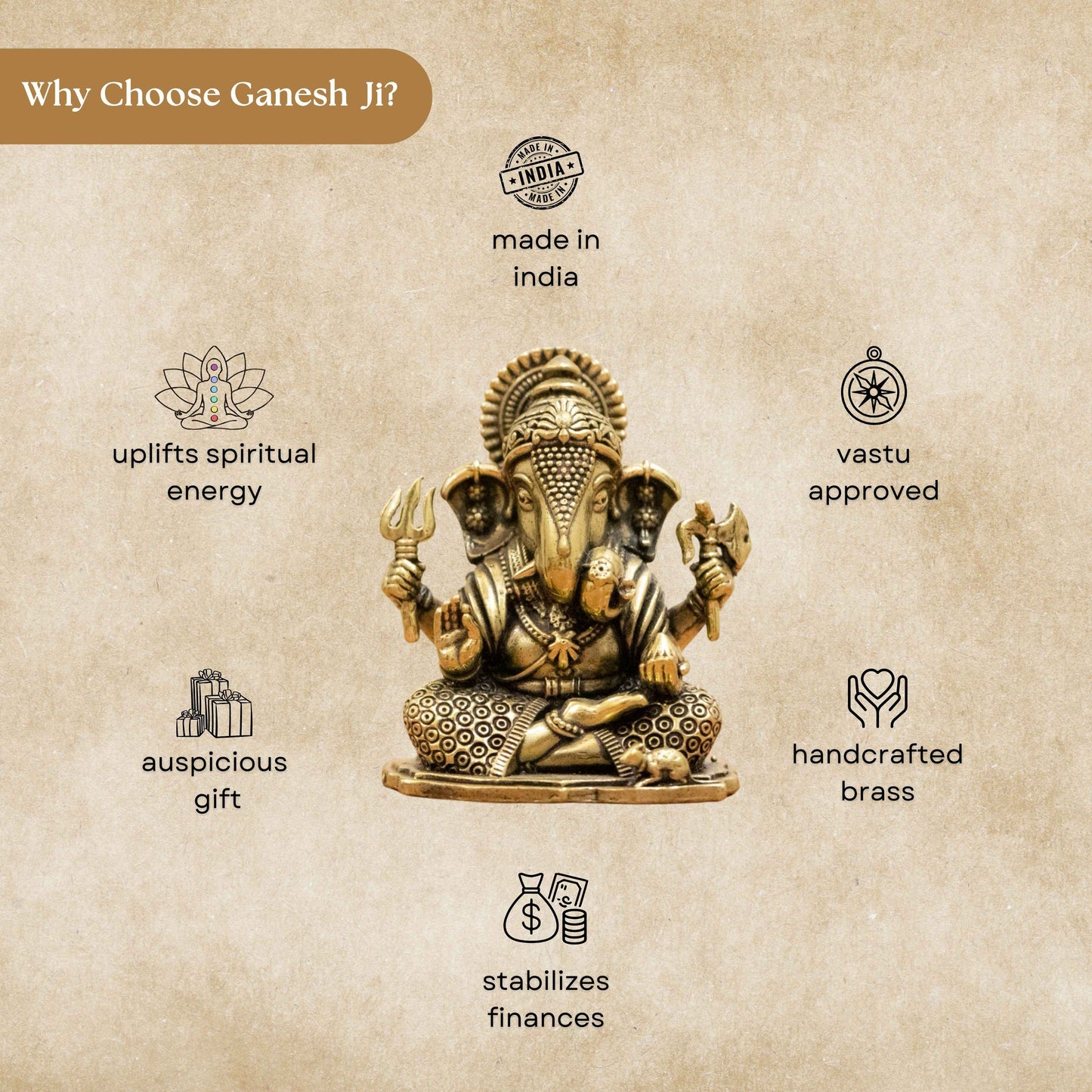 Lord Ganesha Brass Idol (Left Trunk) – Symbol of Wisdom, Prosperity & New Beginnings - 4 Inch