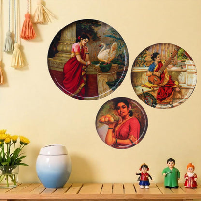 Classic Raja Ravi Varma Metal Wall Art – Set of 3 Plates
