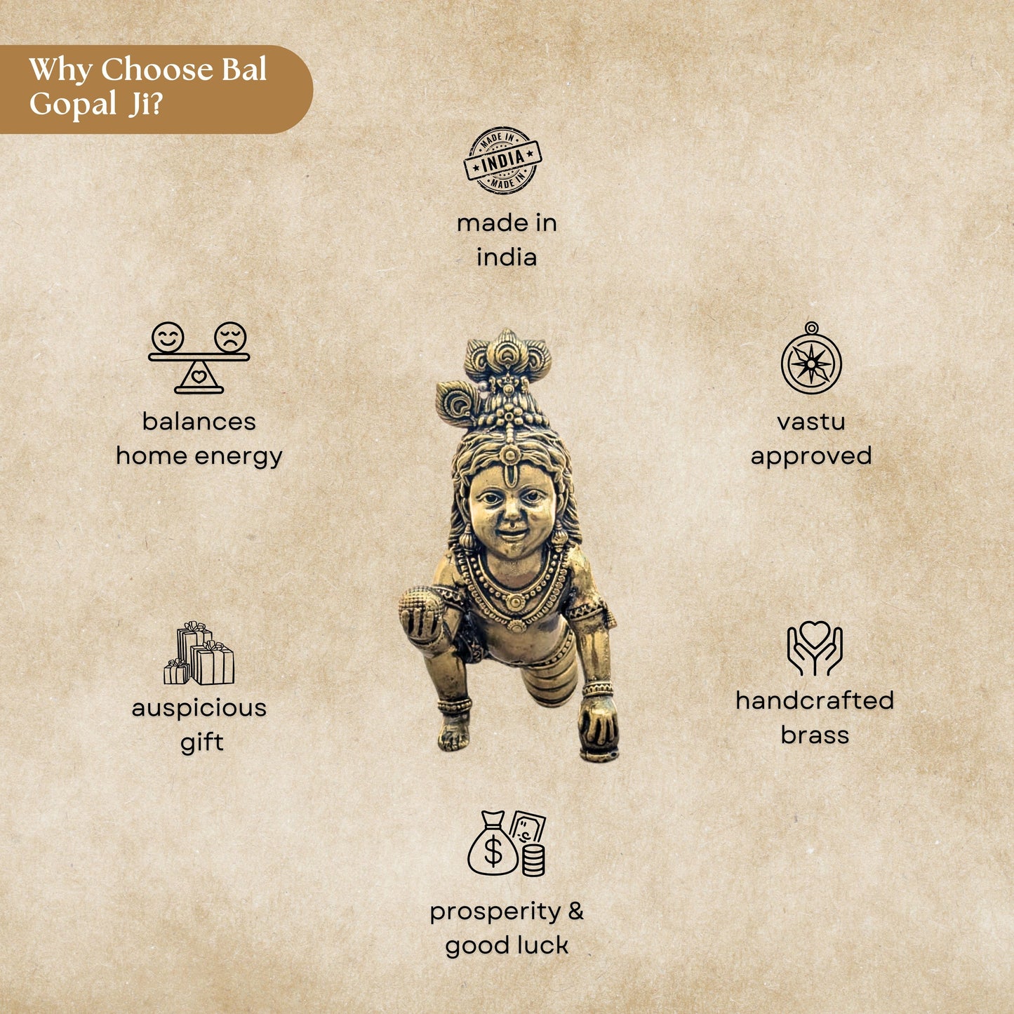 Pure Handcrafted Brass Bal Gopal Idol | Lord Krishna Statue for Prosperity & Positivity -5 inch