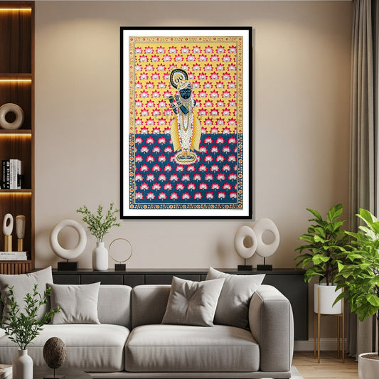 Shrinathji Pichwai Painting | Lotus Background - Living room Decor