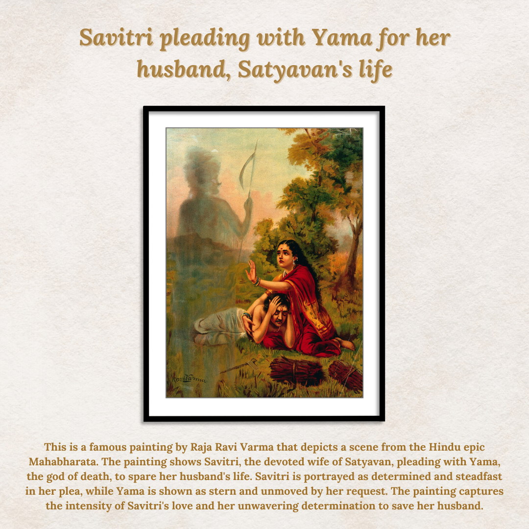 Savitri pleading with Yama for her husband, Satyavan's life by Raja Ravi Varma Wall Painting