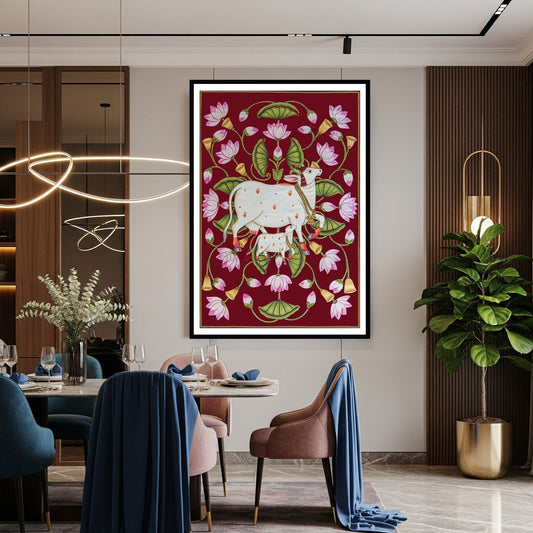 The Sacred Kamdhenu Cow with Calf Pichwai Indian Art for Wall Decor