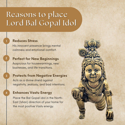 Pure Handcrafted Brass Bal Gopal Idol | Lord Krishna Statue for Prosperity & Positivity -5 inch