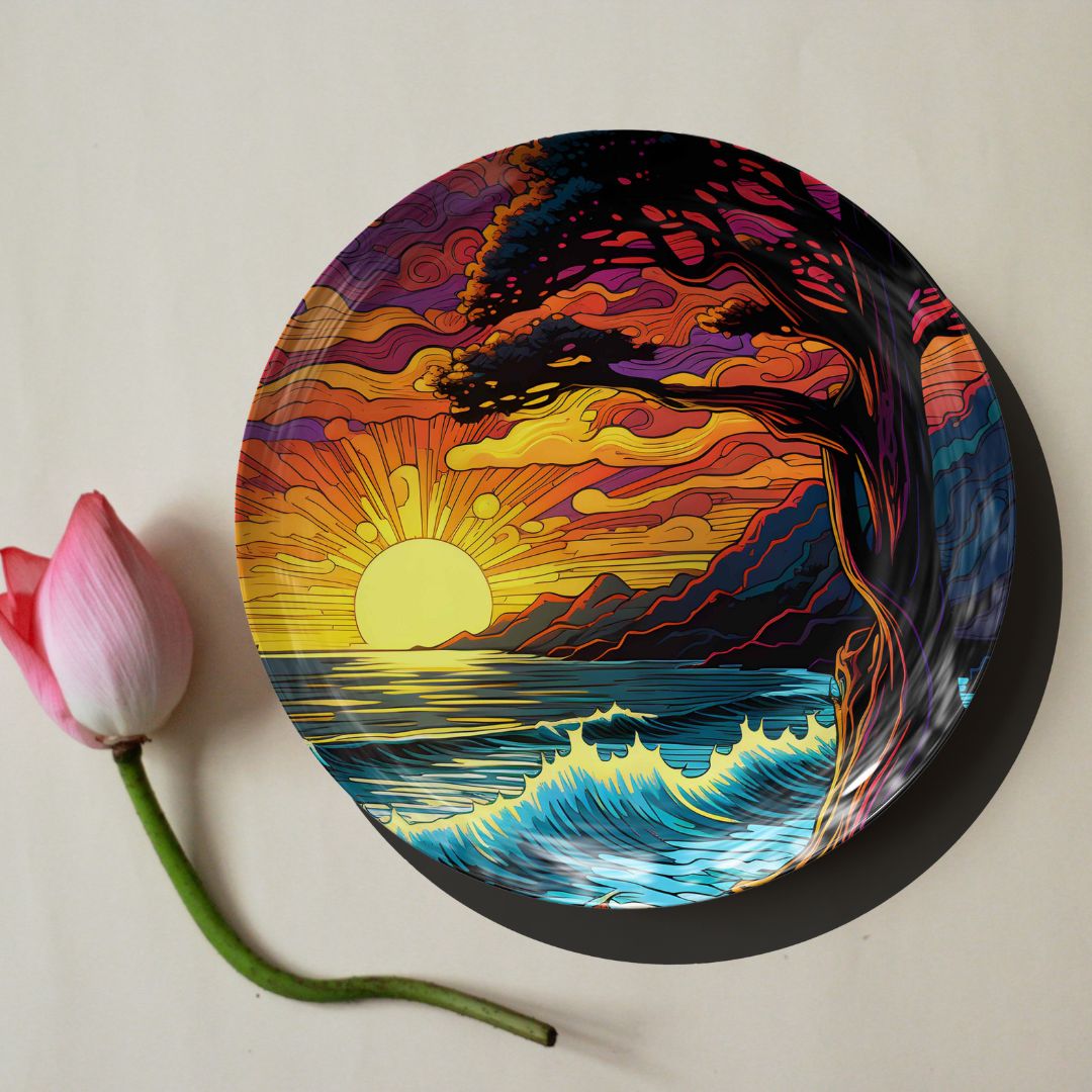 Colorful Tree-Sun Ceramic Plate for Home Wall Decor