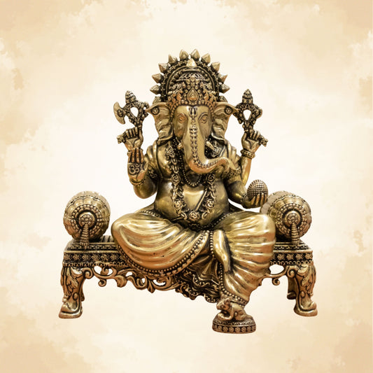 Lord Ganesha brass idol seated on singhasan for home temple and decor