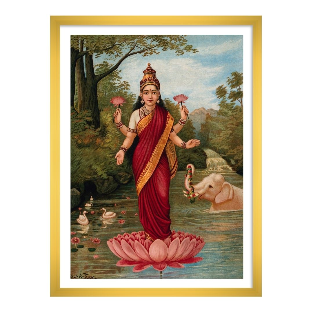 Lakshmi on her Lotus by Raja Ravi Varma Wall Art Print for Home Decor - The Atrang