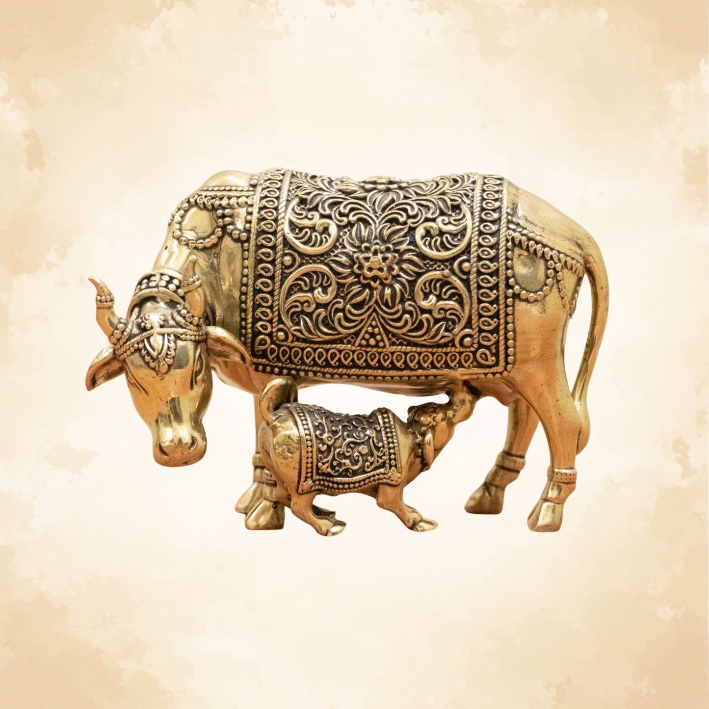 Divine Cow and Calf Brass Idol – Decor for Home Temple - 3 Inches