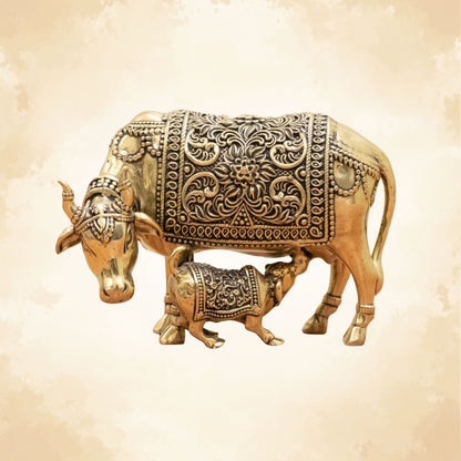 Divine Cow and Calf Brass Idol – Decor for Home Temple - 3 Inches