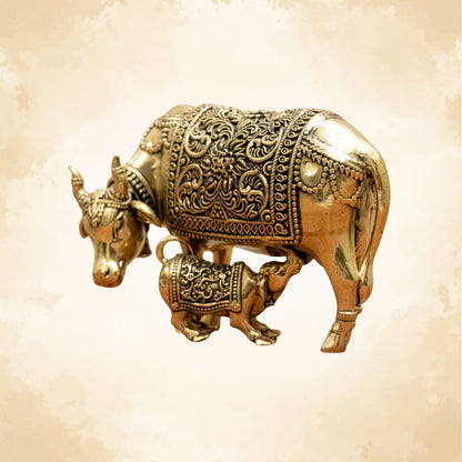 Divine Cow and Calf Brass Idol – Decor for Home Temple - 3 Inches