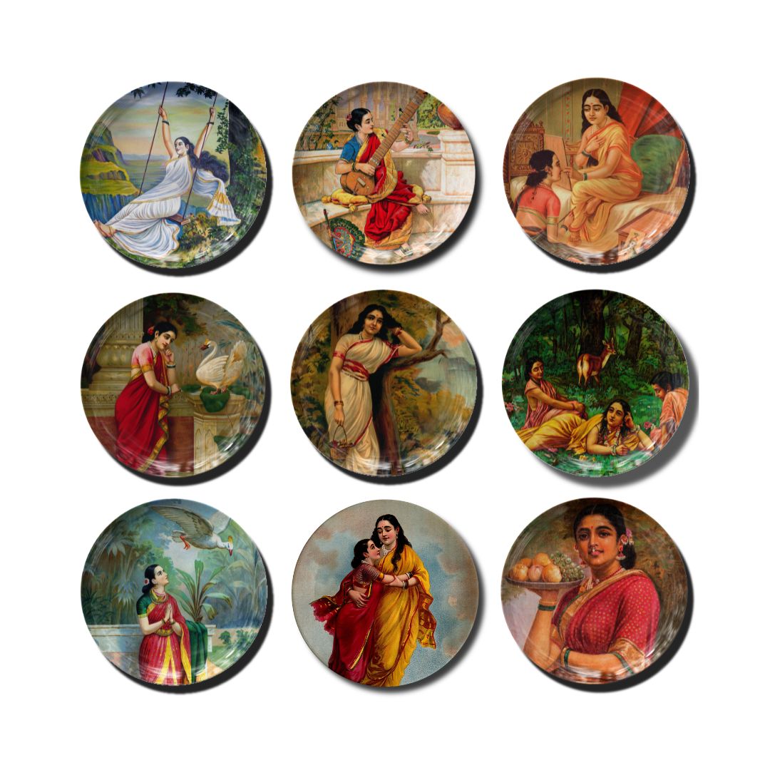 Raja Ravi Varma Vintage Indian Art Metal Wall Plate Set of 9