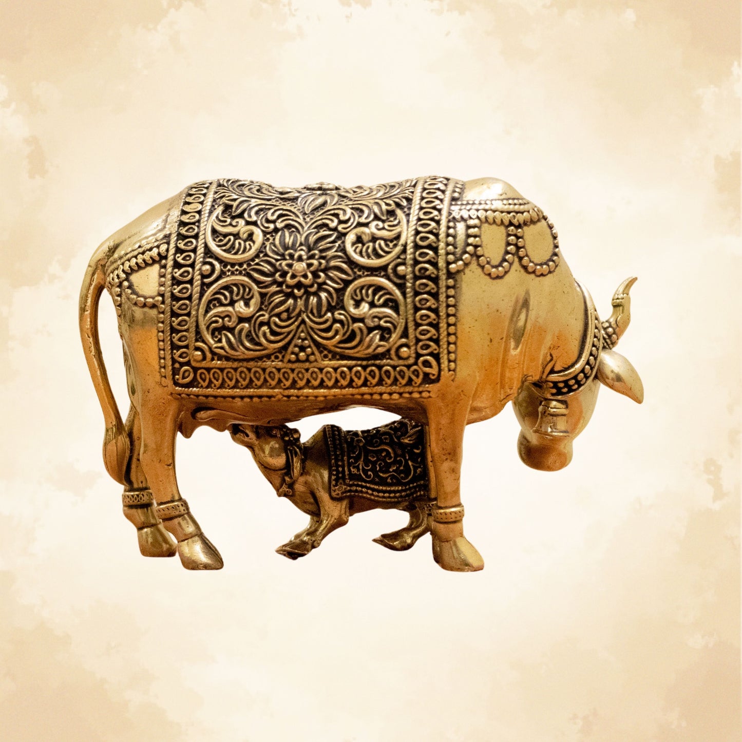 Divine Cow and Calf Brass Idol – Decor for Home Temple - 3 Inches