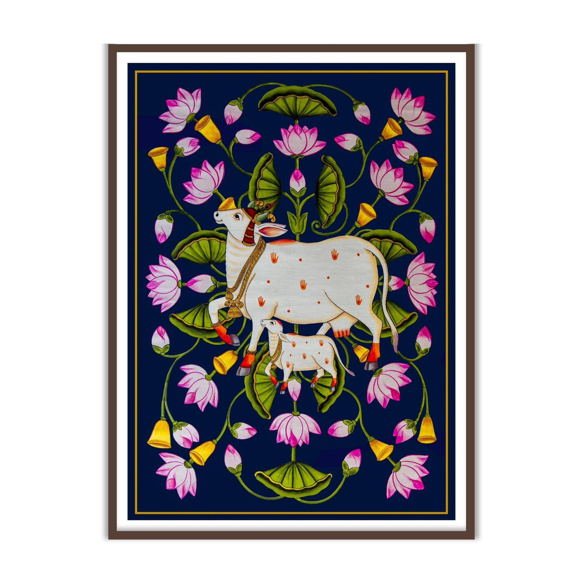 Kamdhenu cow and calf pichwai vastu art for home decor brown frame
