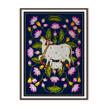 Kamdhenu cow and calf pichwai vastu art for home decor brown frame