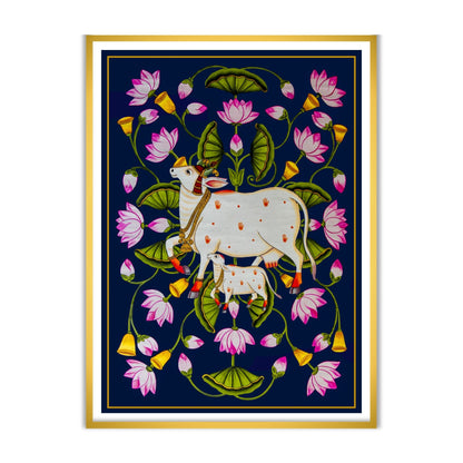Blue Kamdhenu cow and calf pichwai vastu art for home decor comes with frame at the atrang