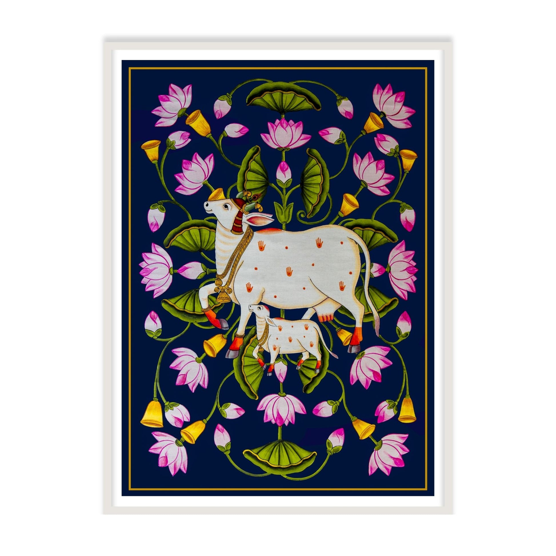 Kamdhenu cow and calf pichwai vastu art for home decor white frame