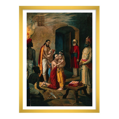 Krishna freeing his parents (Vasudeo and Devki) from prison by Raja Ravi Varma Wall Art Painting