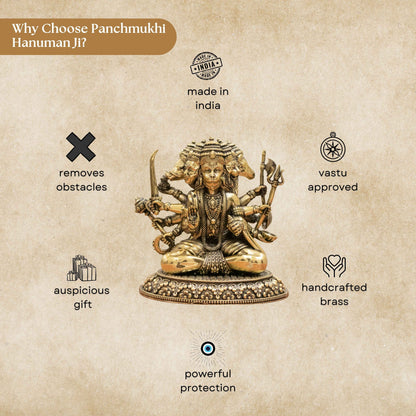 Pure Brass Panchmukhi Hanuman Murti | Lord Hanuman Idol for Protection, Courage & Positivity - 5 Inch