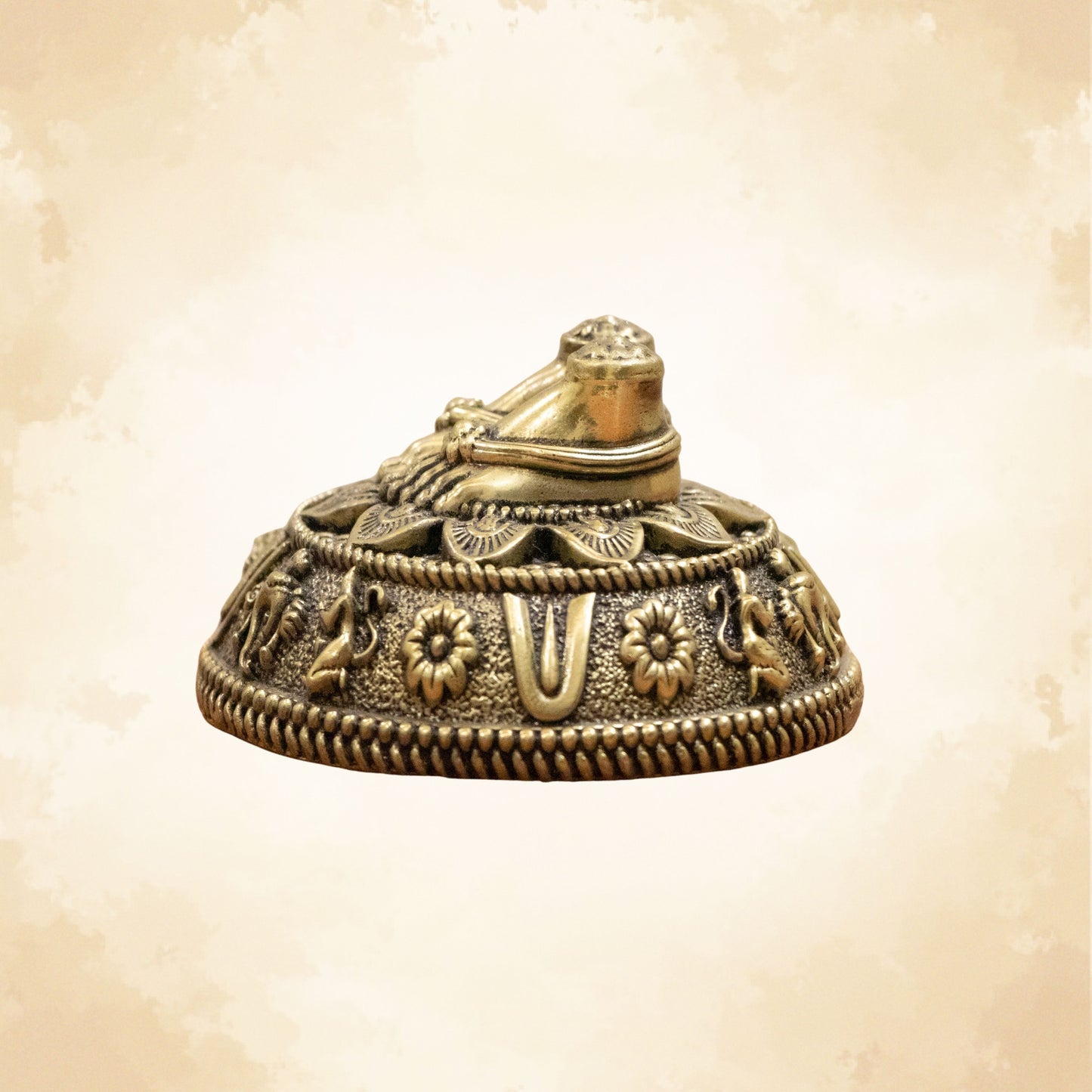 Pure Brass Charan Paduka Idol with Carved Decorative Base