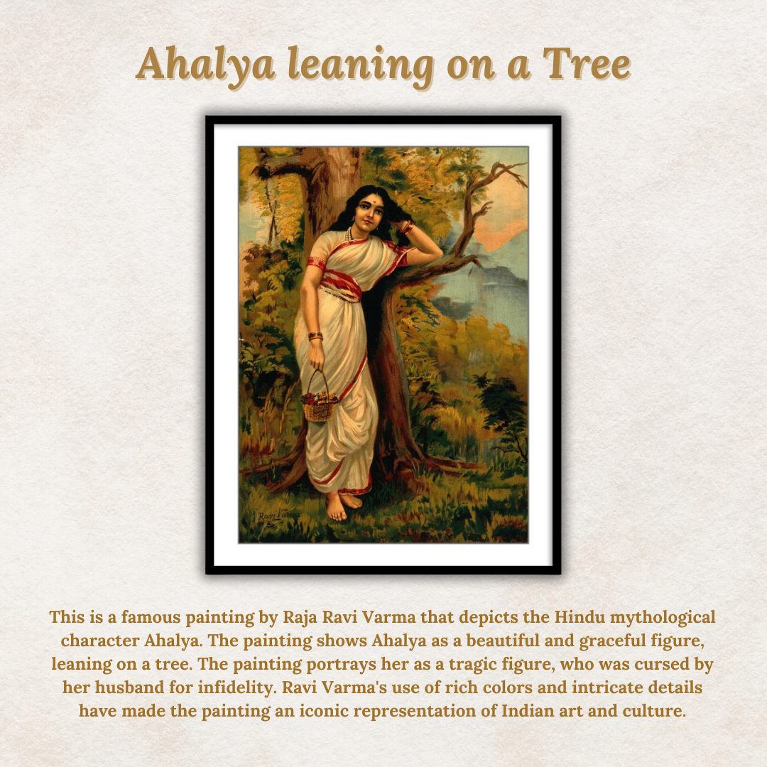 Ahalya leaning on tree by Raja Ravi Varma Wall Art Print for Home Decor