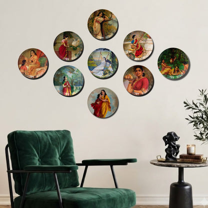 Raja Ravi Varma Vintage Indian Art Metal Wall Plate Set of 9