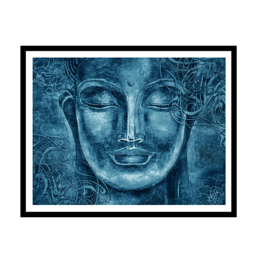 Framed artwork of a blue-toned Buddha face with intricate patterns on a white background
