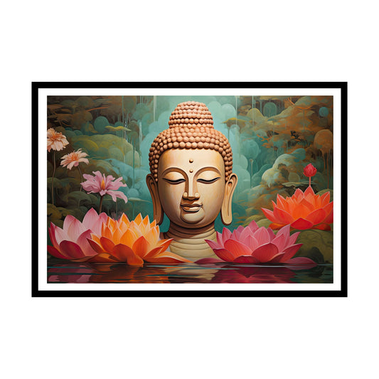Framed artwork of a Buddha art frame with lotus flowers in a serene setting for vastu