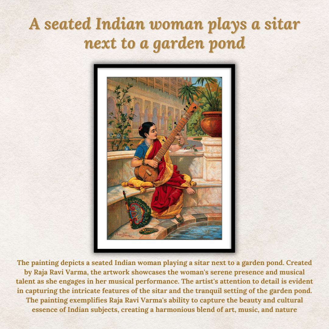 A seated Indian woman plays a sitar next to a garden pond by Raja Ravi Varma Wall Art