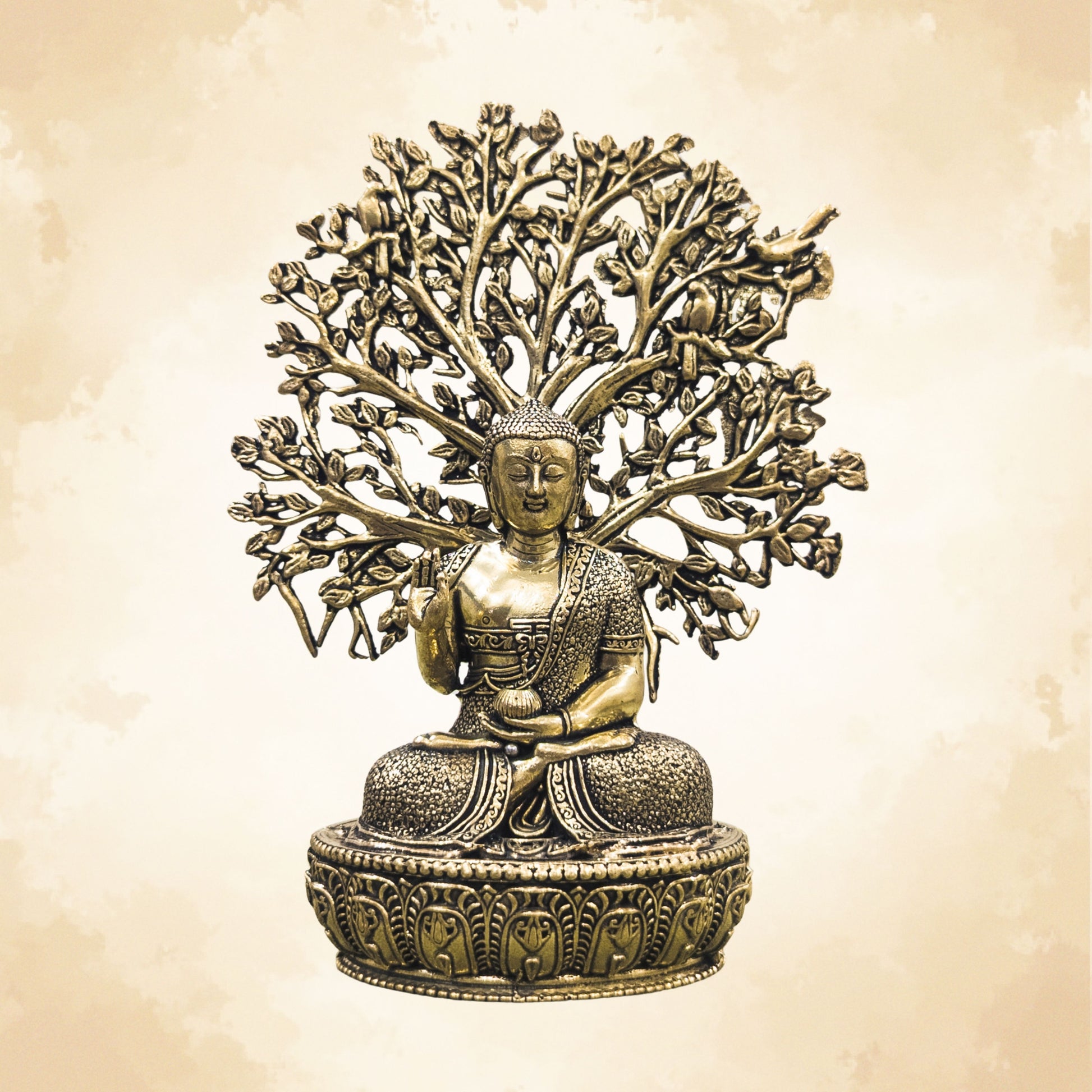 Handcrafted Brass Buddha with Bodhi Tree Vastu Decor