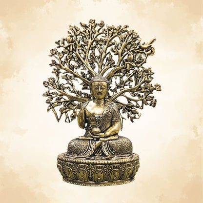 Handcrafted Brass Buddha with Bodhi Tree Vastu Decor