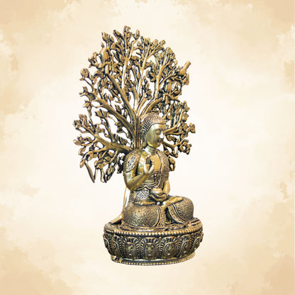 Brass Buddha with Bodhi Tree Idol Handcrafted Vastu Spiritual Home Decor