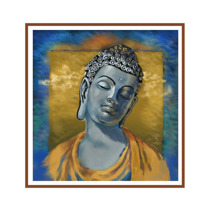 Framed artwork of a serene Buddha figure with a gold and blue background