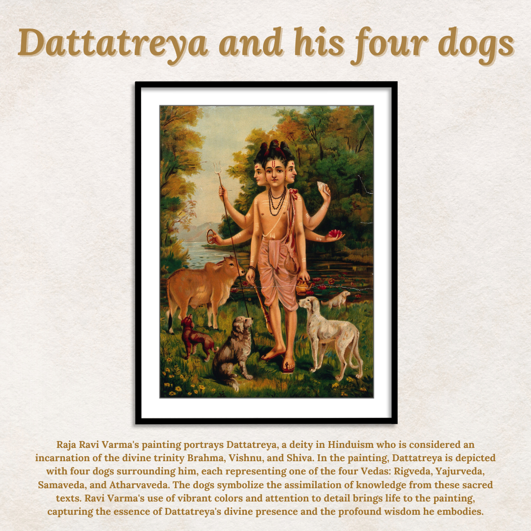 Dattatreya with his four dogs and cow by Raja Ravi Varma Home Wall Art